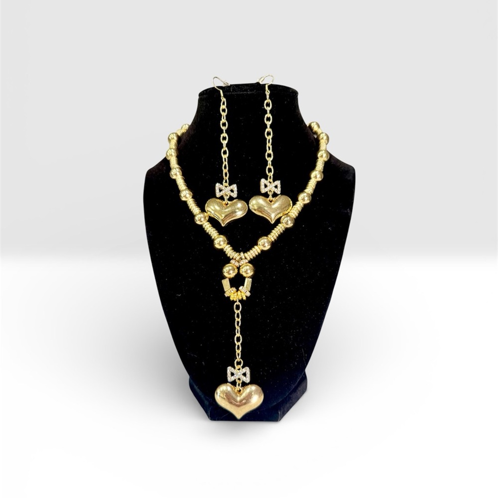 Elegant Gold & Crystal Heart Necklace and Earring Set